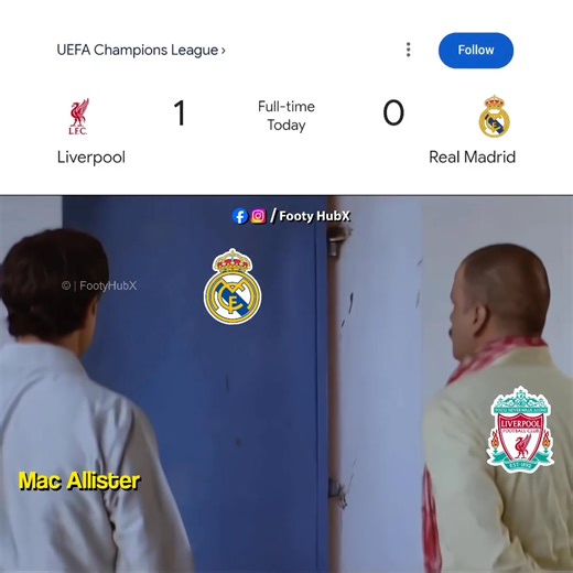 Full-time: Liverpool 1-0 Real Madrid 🔴✨ Mac Allister’s header makes the difference, Reds solid all around 👏 Courtois kept Madrid alive with big saves 🧤 | Footy HubX