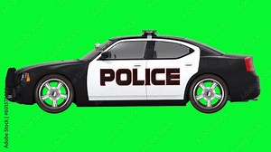 Animation of a police car. A police patrol car is moving at high speed towards the crime scene. Green screen video.