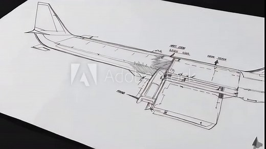 Airplane blueprint drawing showing detailed design of aircraft structure and components in a creative process