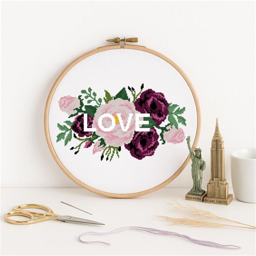 LOVE Cross Stitch Pattern PDF | Floral Love Embroidery Design | Romantic Flower Cross Stitch | Wedding Gift - Etsy
