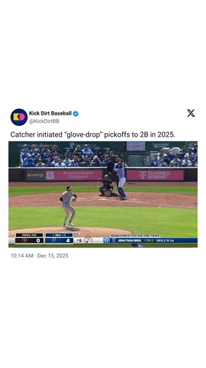 Kick Dirt Baseball on Instagram: "Catcher Initiated Picks Picks to 2B where the catcher signals pick to pitcher. Most commonly a glove drop, but can be another previously communicated cue. See example with Torrens: It looks like he’s just messing with his glove/laces at first, but it’s pretty clear there was a disguised message being relayed. Meanwhile teams like CHW aren’t concerned about runner seeing signal prior to move (notice exaggerated drop from their catchers vs rest. They are a very ag