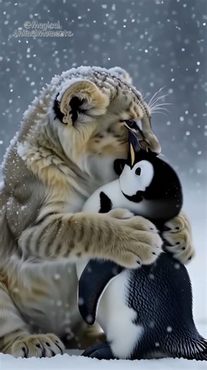 Baby Tiger Hugs a Penguin in the Snow