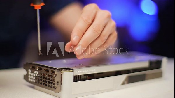 Engineer male working in electronic workshop or hardware computer service assembling modern graphics card , tightening screws after doing maintenance, cleaning, replacing thermal paste, slow motion.