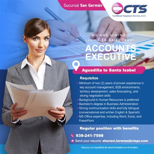 📢 Caribbean Temporary Services (CTS) is hiring an Accounts Executive! Join the CTS Sales Team and take the next step in your career. 📍 This regular position with benefits covers the region from Aguadilla to Santa Isabel, based in CTS San Germán. 💙 Benefits: ✅ Quarterly Incentives for achieving sales goals and a car allowance ✅ Full-time position with benefits 📄 Requirements: ✅ Minimum of two (2) years of proven experience in key account management, B2B environments, territory development, sa