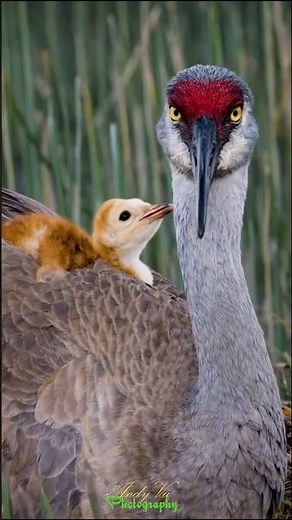 Sandhill crane carries its chick on its back