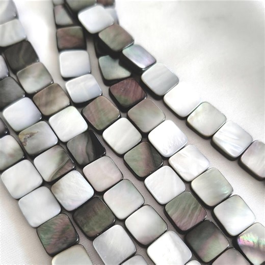 10mm Undyed Black Mother of Pearl Shell Vertical Drilled Square Flat Bead Strand, Natural Untreated MOP Nacre DIY Jewelry Making Supply