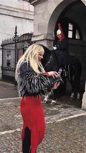 A tourist in a fancy sweater at Horse Guards