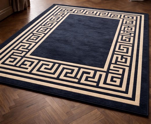 Navy Blue Greek Key Border Rug, Ivory Geometric Tufted Carpet, Luxury Living Room Decor - Etsy