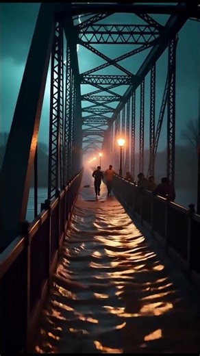 Floodwaters Surge Across Bridge During Violent Lightning Storm