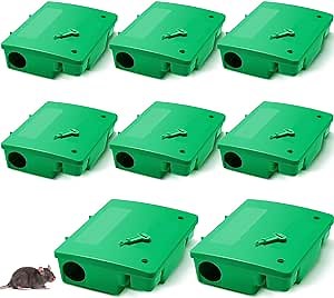 Qualirey Large Rat Bait Station Boxes with Key Rodent Bait Station Mouse Trap Poison Holder Reusable Heavy Duty Bait Boxes for Catching Rats and Mice Rodents Outdoor Bait Not Included, Green (8 Pcs)