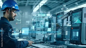 Engineers monitor and manage automation robot arms in intelligent factories using software for real-time system monitoring.