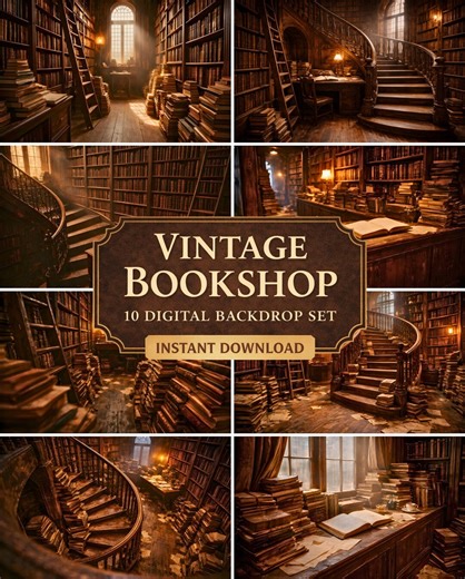 Vintage Bookshop Digital Backdrops, 10 Backgrounds, Old Library Staircase, Cosy Study Scenes, Instant Download - Etsy
