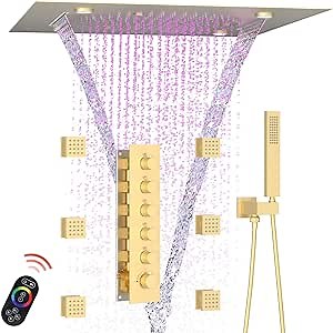 Enga Thermostatic Shower System with Body Jets, 20-Inch LED Rainfall Mist Waterfall Luxury Multi Function Rain Shower Faucet Set, All Functions Can Operate Simultaneously, Brushed Gold