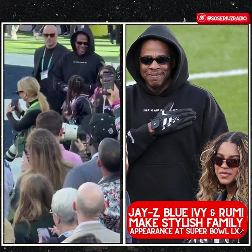 Jay-Z hits the field with Blue Ivy & Rumi Carter at Super Bowl LX 🏟️ #jayz #bluivy #rumicarter