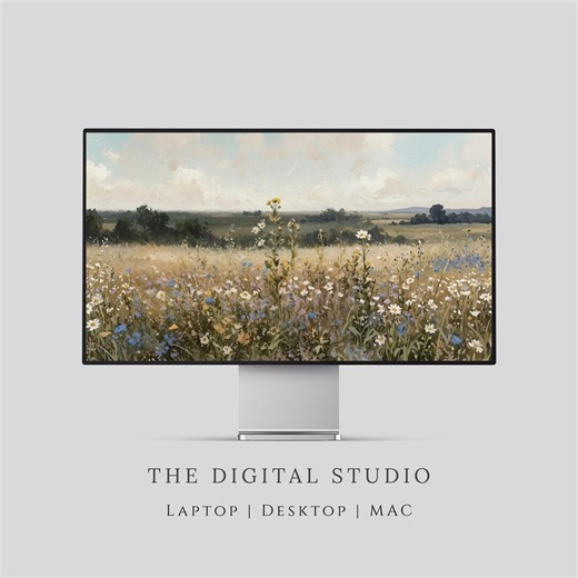 Green Wildflower Desktop Wallpaper, Vintage Cottagecore Countryside Floral Landscape Background Spring Aesthetic (desktop, Laptop & Macbook) - Etsy