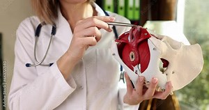 Gynecologist shows location of the female pelvis with muscles. Pelvic floor muscle dysfunction and chronic pelvic pain syndrome in woman