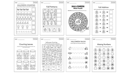 Halloween Activity Pack | Counting, Subtraction, Mazes, Word Search & Line Tracing Worksheets for Kids - Etsy