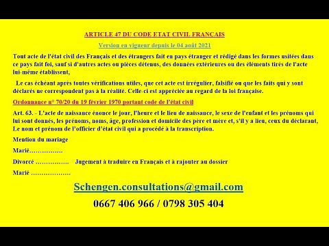 ARTICLE 47 DU CODE CIVIL Ordonnance n° 70/20 du 19 février 1970 portant code de l’état civil
