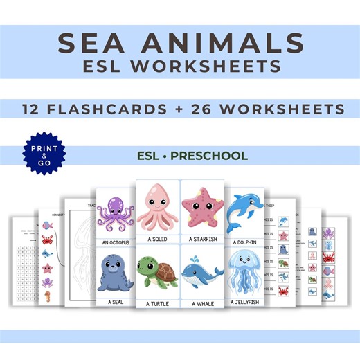 Sea Animals Worksheets ESL, Preschool & Kindergarten Activities, Printable No Prep, Flashcards, Ocean Unit - Etsy