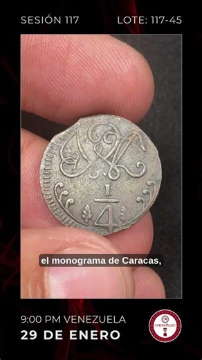 Moneda de cuartillo realista acuñada en Caracas en el año 1818