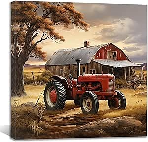 QIXIANG Red Tractor Canvas Wall Art Rustic Old Barn Pictures Prints Vintage Country Paintings for Bedroom Home Decor Framed (Red Tractor 3, 24.00" x 24.00")