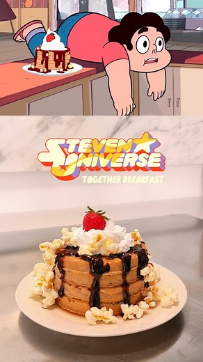 Sharmaine Siu on Instagram: "Together Breakfast from Steven Universe 🍓 Waffle stack with maple syrup and strawberries & cream 🧇 RECIPES IN BIO 🧄 What should I make next? #stevenuniverse #cartoon #animation #recipe #cooking #disney #nickelodeon #anime #foodie #"