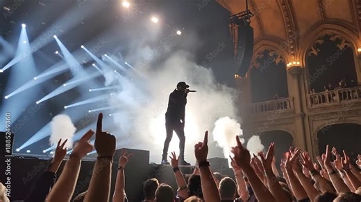 Energetic concert performance with crowd enjoying live music and atmospheric stage lighting