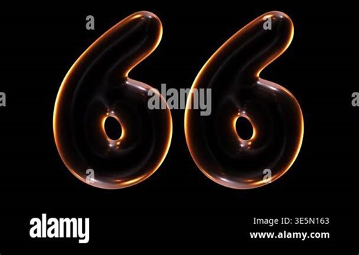 animation of glowing number 66 with light and reflections isolated on black background in 3d rendering.