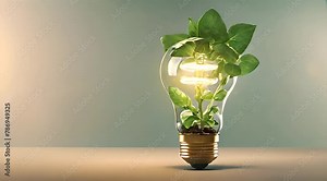 Green leaf light bulb shines with energy, symbolizing innovation and bright ideas