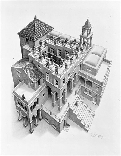 MC Escher Ascending and Descending Canvas, Optical Illusion Art, Mathematical Print, Black and White Office Decor