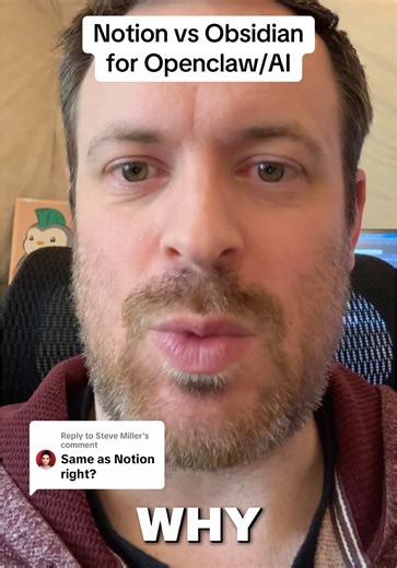 Replying to @Steve Miller you can probably use both to accomplish similar things, but I tend to use obsidian for more knowledge based stuff like building a second brain and then I use Notion for project management and things like that, especially if I’m needing to add videos and photos to pages in Notion. That’s just how I work at least. #notion #obsidian #openclaw #ai