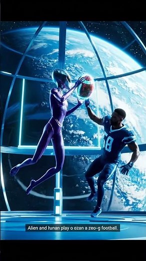 Alien and human playing Zero G Football on a space station