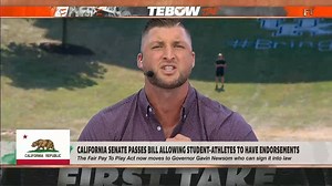 Tim Tebow passionately expresses his thoughts on the California Senate passing a bill allowing student-athletes to have endorsements. | ESPN First Take