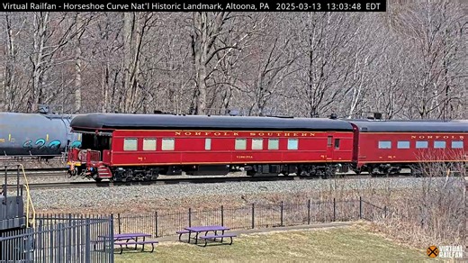 Check it out! The Norfolk Southern Office Car Special was seen taking a stroll around Horseshoe Curve earlier this spring. Become a Virtual Railfan member to watch this camera live. Click here to join now for just $4.99 monthly: https://virtualrailfan.com/memberships/ | Virtual Railfan