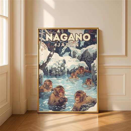 Nagano Japan Snow Monkeys Poster, Vintage Onsen Travel Art, Winter Hot Spring Illustration, Japanese Nature Wall Decor - Etsy