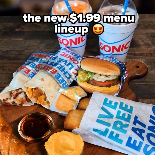 3.2K reactions · 330 shares | New $1.99 Menu just dropped  Enjoy Jr. Deluxe Cheeseburgers, French Toast Sticks, Small Floats & more. You're welcome. Add-ons extra. $1.99 Menu items include Jr. Deluxe​ Cheeseburger, Queso Wraps (Southwest and Bacon Ranch), French Toast Sticks,​ Small Floats available in Coca-Cola, Dr Pepper, Barq’s Root Beer, and Fanta, Soft​ Pretzel Twist. For a limited time at participating SONIC® Drive-Ins | Sonic Drive-In | Facebook
