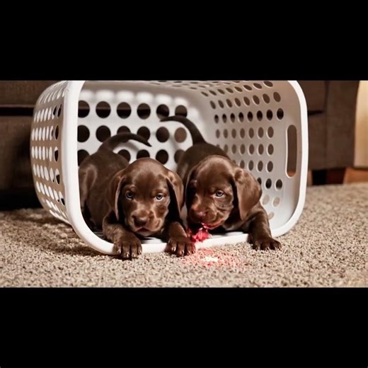 Funny Overload! Two Chocolate Lab Puppies Struggle To Catch The Laser Dot In A Basket