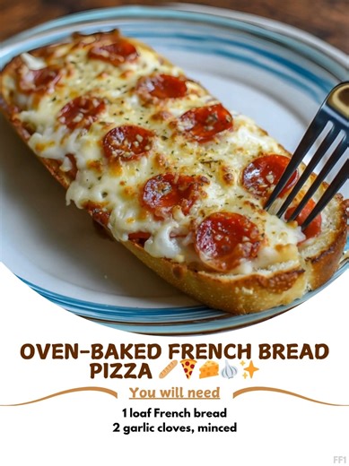 Oven-Baked 👦 French Bread Pizza 🥖🍕🧀🧄✨ Crunchy French bread baked with garlic, tangy sauce, cheese, and pepperoni. A quick meal everyone loves! Ingredients: 1 loaf French bread 2 garlic cloves, minced ..... Full Recipe in Coʍmеոτ 💬 🦋 | Easy Cook Recipe