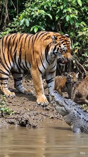 tiger saving his cubs from crocodile