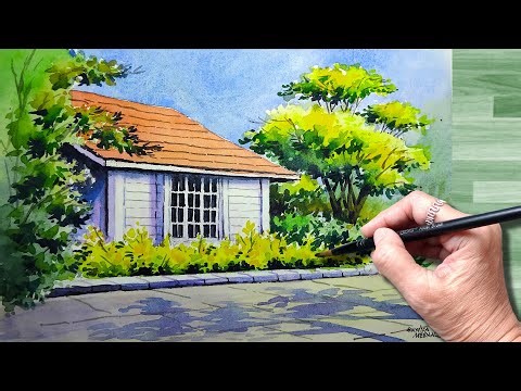 🎨 House Portrait Watercolor Landscape Painting Step-by-Step Tutorial | निसर्गचित्र पेंटिंग