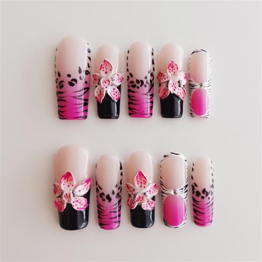 Black French Tip Nails, 3D Flower Nails, Pink Zebra Press on Nails, Y2K Coffin Nails - Etsy