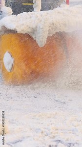 Removing snow with portable blower machine during winter, worker with gas snow blower removal in the streets after snowfall, clearing residential sidewalk driveway with snow sweeper, snowplow machine