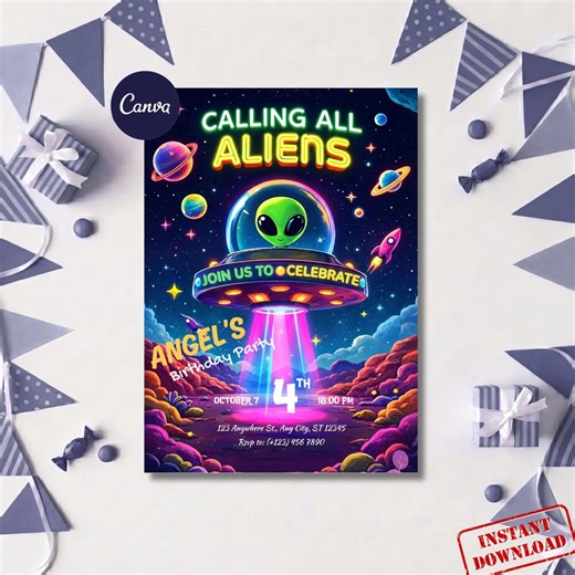 Alien Birthday Invitation 5x7 | Space UFO Kids Party Invite | Editable Digital Birthday Card - Etsy