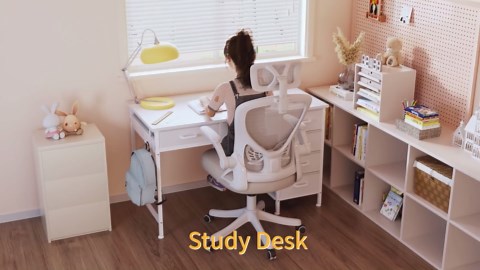 ODK Computer Desk with 6 Drawers, 40 Inch Small Desk with Storage, Reversible Desk with Headphone Hook for Home Office, Work Study Table for Bedroom, White