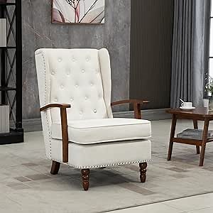 JOYBASE Wingback Accent Chair High Back Mid-Century Modern Armchair with Wood Legs Upholstered Reading Arm Chair for Living Room, Office, Bedroom (Beige)