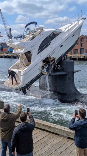 Danil Akulov on Instagram: "Submarine Surfaces in a Harbor… Lifts a Yacht and Crushes It 😳🛥️⚓️ A yacht is quietly parked in the harbor—then a submarine starts surfacing right underneath it. The yacht rises on top of the sub, creaks, cracks, and begins to break apart. A guy on deck panics and jumps off to save himself. Everyone’s filming like… why is a submarine parking HERE?! #submarine #yacht #port #ocean #fail"
