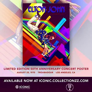 Last week Elton celebrated the 50th Anniversary of his debut performance in the United States on August 25, 1970 at The Troubadour. Collectionzz has created a stunning limited edition, screenprinted concert poster to commemorate this historic event, featuring artwork by Kevin Tong Illustration. Available while they last at http://iconic.collectionzz.com | Elton John