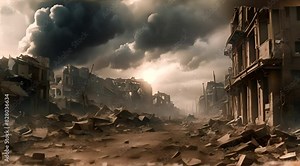 The ruins of a war-torn city, with crumbling buildings, shattered windows, and twisted metal
