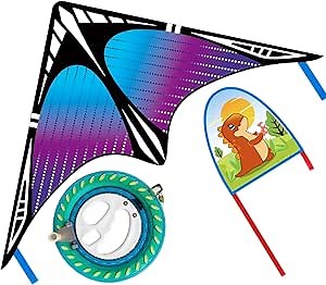 Large Delta Kite and Reel Winder and Thumb Ejection Kite Set, Easy to Fly - 7.1’’ Wheel with 650ft String for Kids and Adults, Single Line, Perfect for Beginners.
