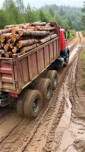 Muddy road, trucks carrying timber | muddy road